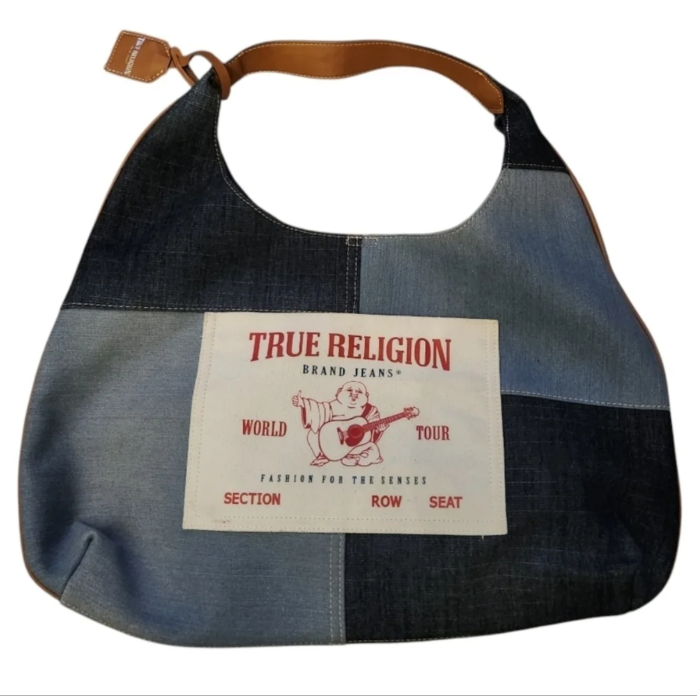 True Religion Blue and Tan Denim Buddha Bag